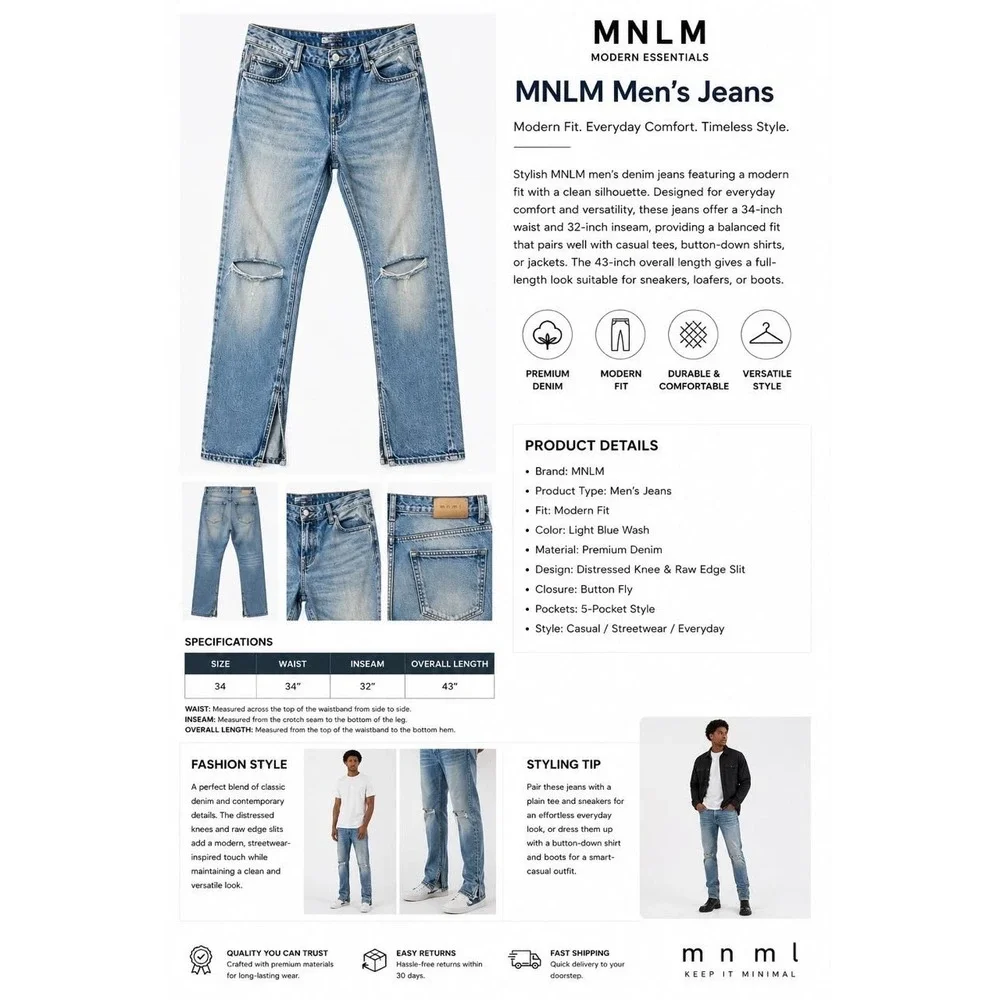 MNML Men's Light Wash Skinny Jeans Distressed Ripped Knee Solid 5-Pocket